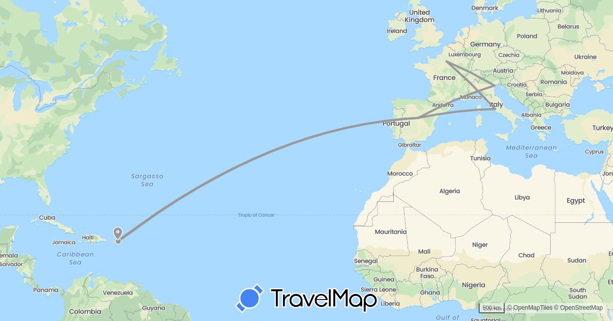 TravelMap itinerary: driving, plane in Spain, France, Italy, Puerto Rico, United States (Europe, North America)